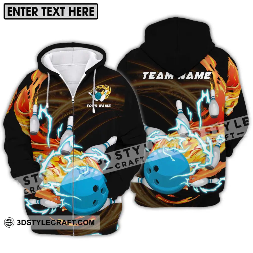 Unisex Shirt - Custom Name And Team Bowling Fire Water Zipper Hoodie / S T-Shirt