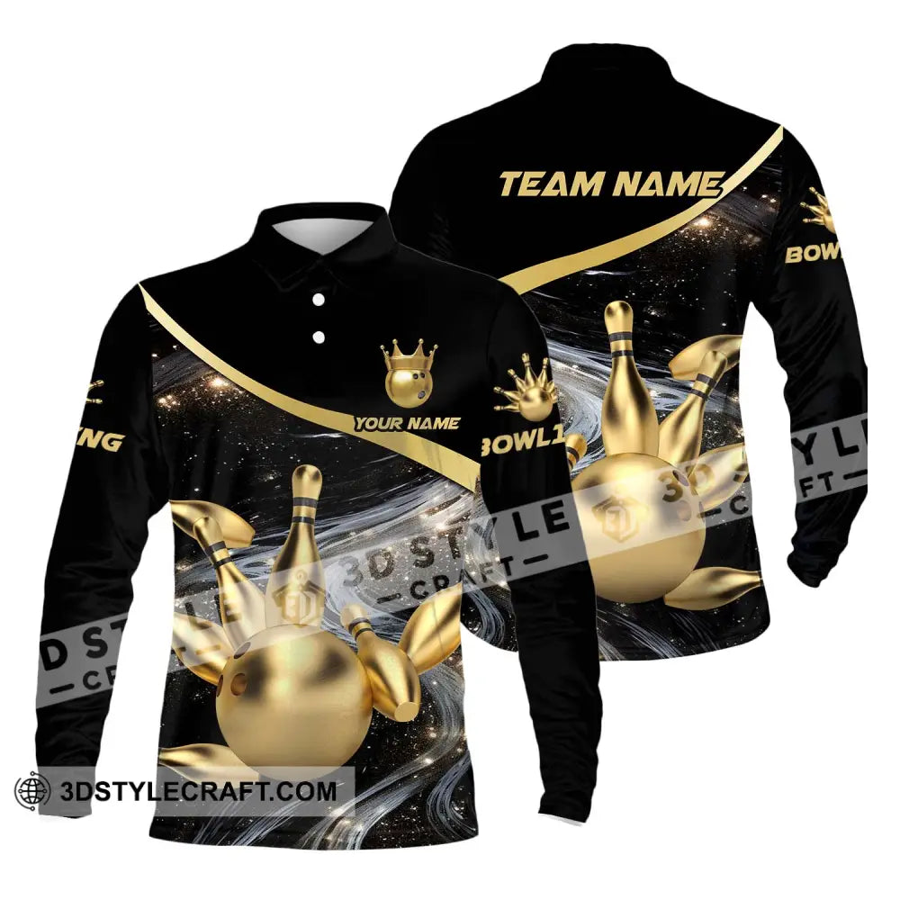 Unisex Shirt - Custom Name And Team Bowling Gold Pins Ball Long Sleeve Polo / S T-Shirt