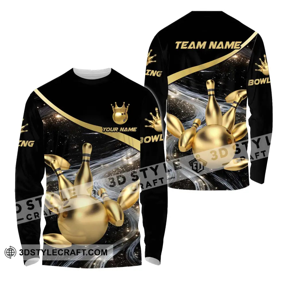 Unisex Shirt - Custom Name And Team Bowling Gold Pins Ball Long Sleeve / S T-Shirt