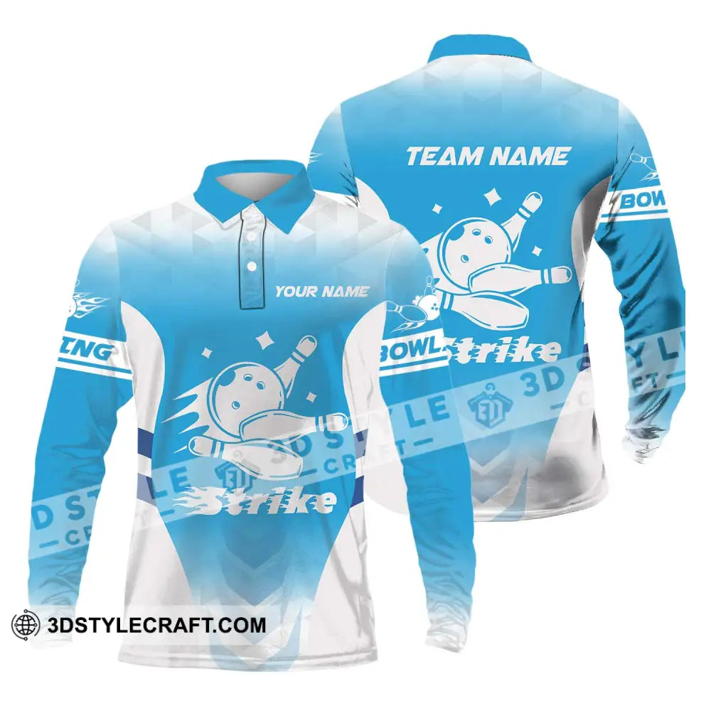 Unisex Shirt - Custom Name And Team Bowling Light Blue Strike Long Sleeve Polo / S T-Shirt