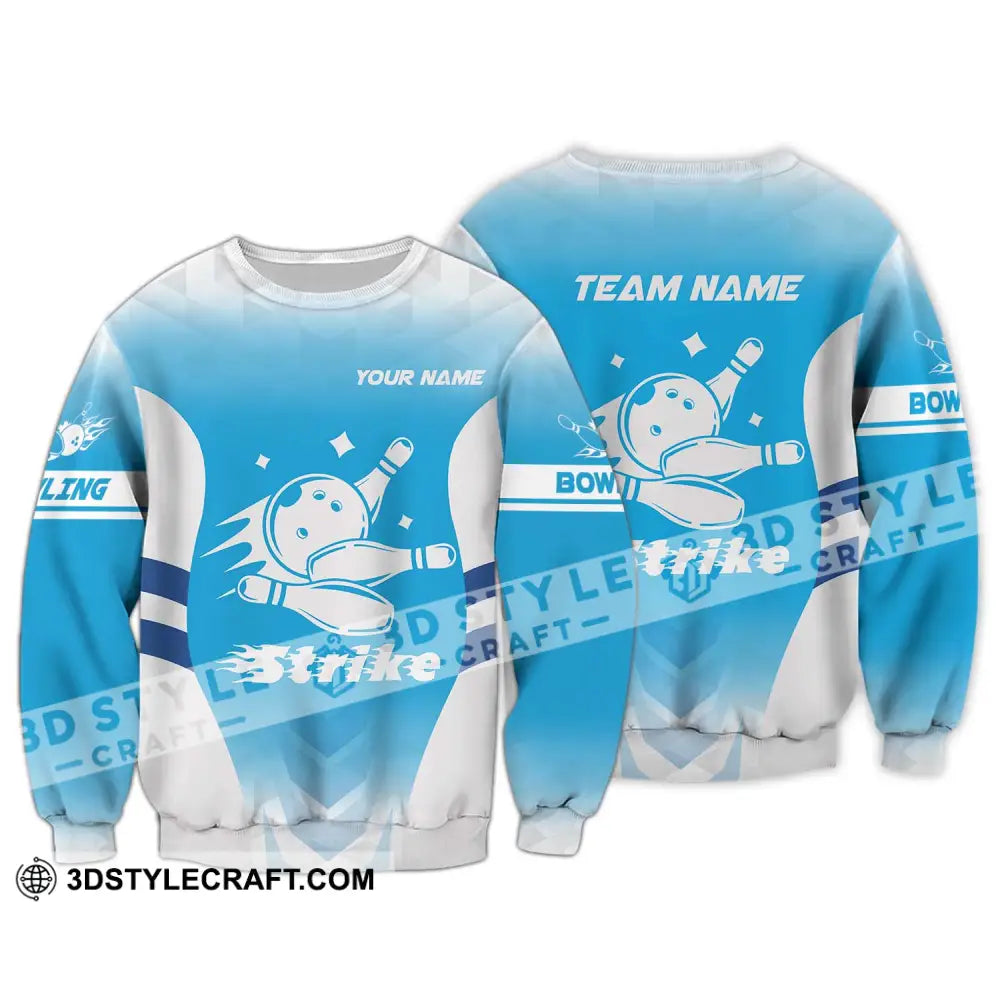 Unisex Shirt - Custom Name And Team Bowling Light Blue Strike Long Sleeve / S T-Shirt