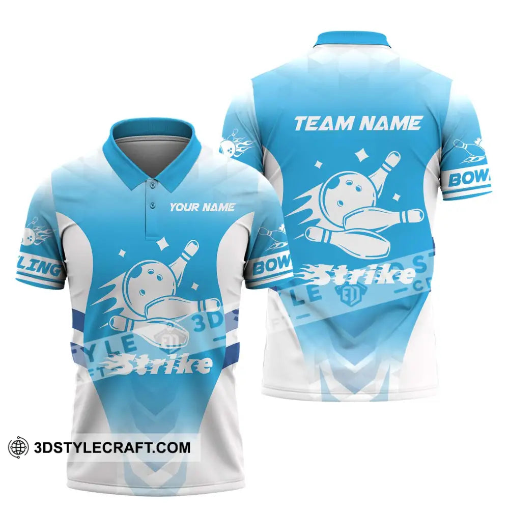 Unisex Shirt - Custom Name And Team Bowling Light Blue Strike Polo / S T-Shirt