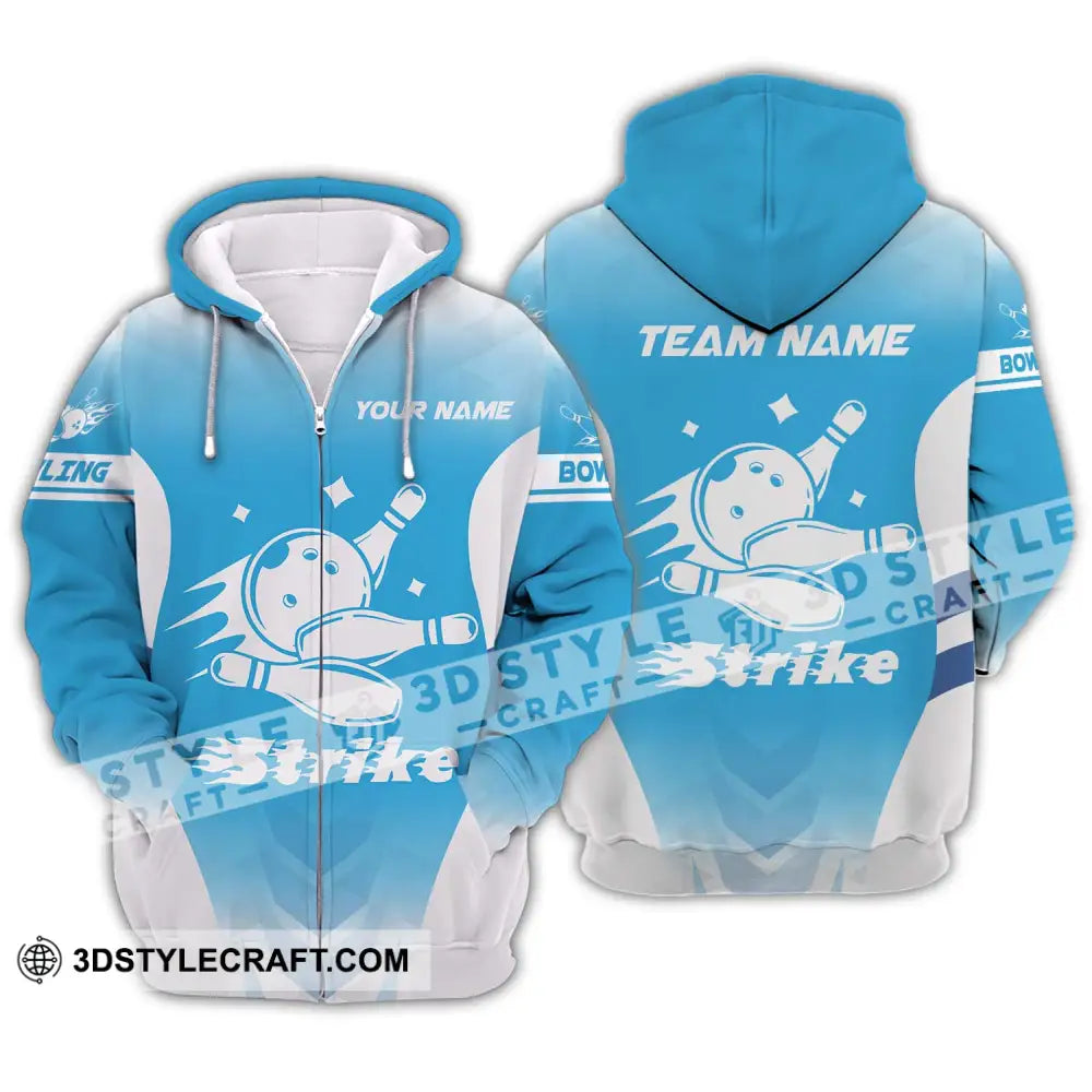 Unisex Shirt - Custom Name And Team Bowling Light Blue Strike Zipper Hoodie / S T-Shirt