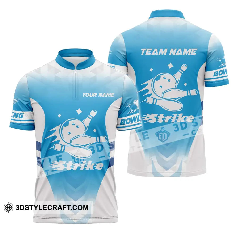 Unisex Shirt - Custom Name And Team Bowling Light Blue Strike Zipper Polo / S T-Shirt