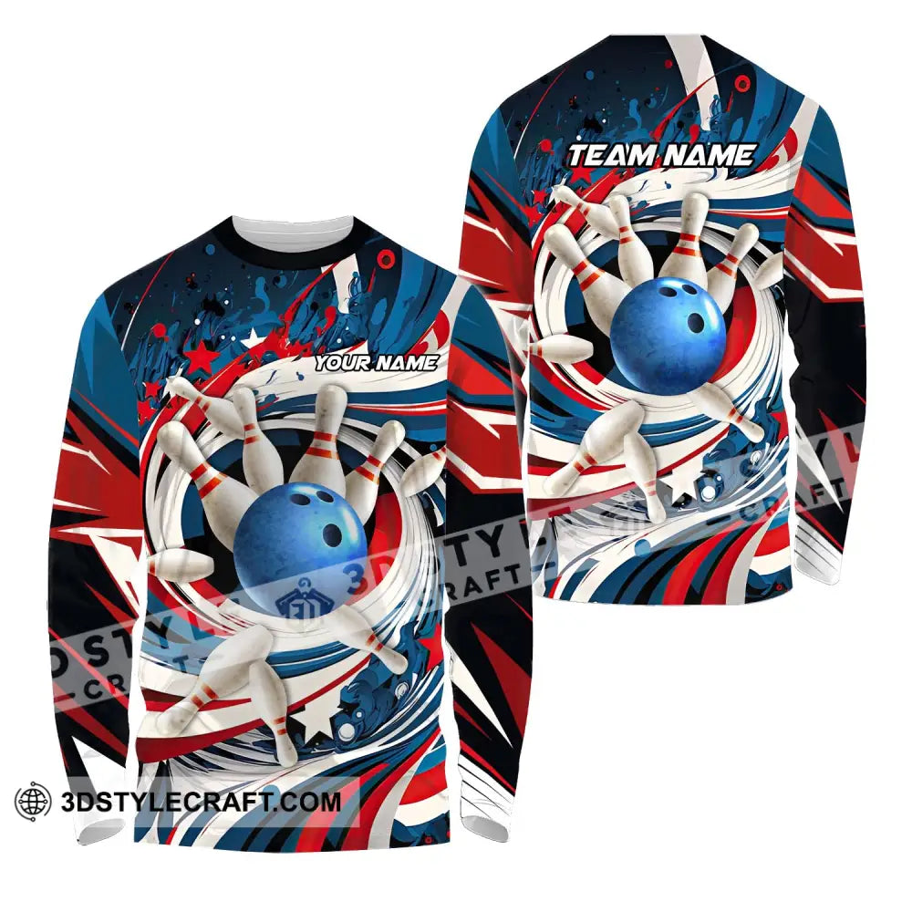 Unisex Shirt - Custom Name And Team Bowling Lover Blue Ball Pins Long Sleeve / S T-Shirt