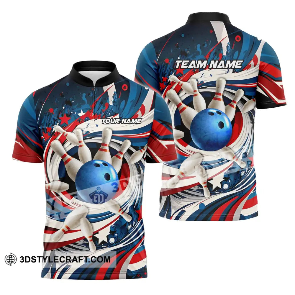 Unisex Shirt - Custom Name And Team Bowling Lover Blue Ball Pins Zipper Polo / S T-Shirt