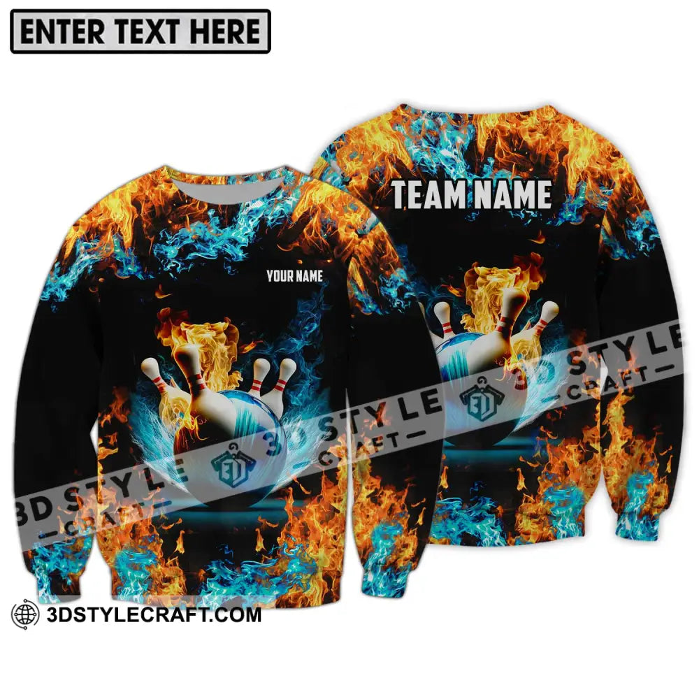 Unisex Shirt - Custom Name And Team Bowling Lover Fire Water Long Sleeve / S T-Shirt