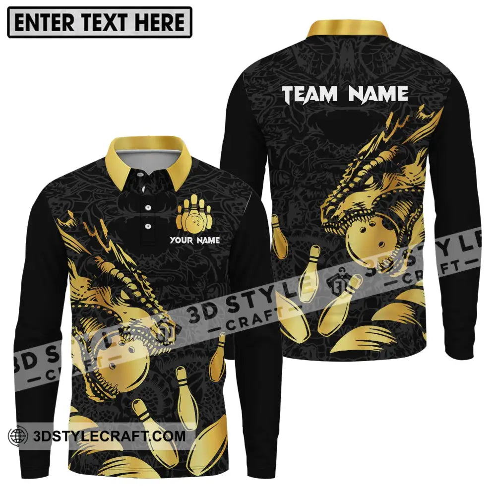 Unisex Shirt - Custom Name And Team Bowling Lover Golden Long Sleeve Polo / S T-Shirt