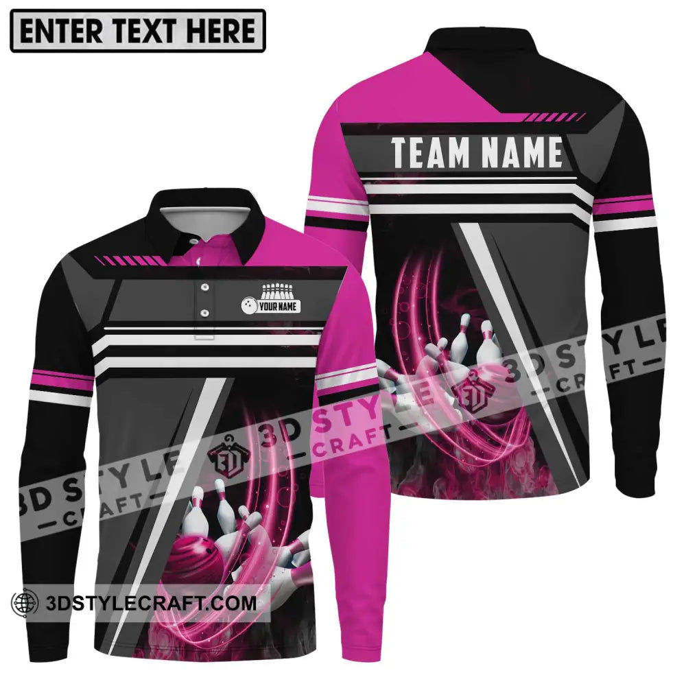 Unisex Shirt - Custom Name And Team Bowling Lover Pink Gray Long Sleeve Polo / S T-Shirt