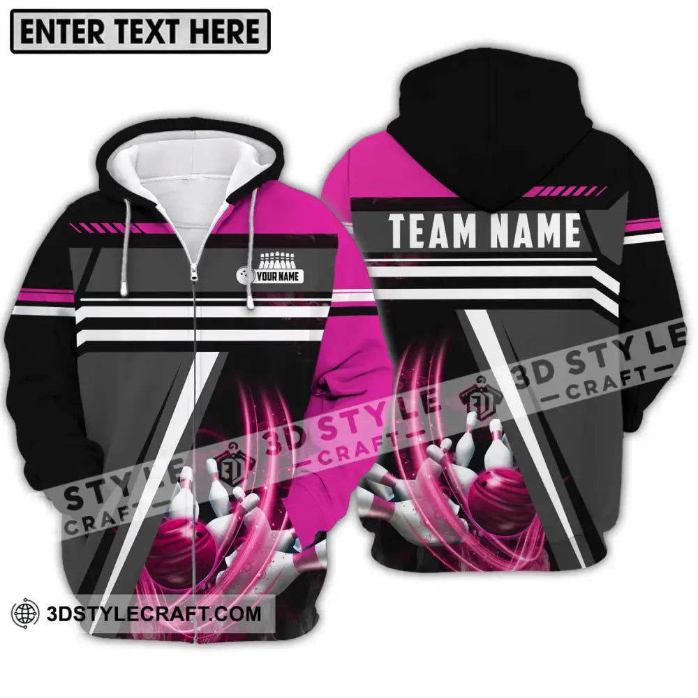 Unisex Shirt - Custom Name And Team Bowling Lover Pink Gray Zipper Hoodie / S T-Shirt