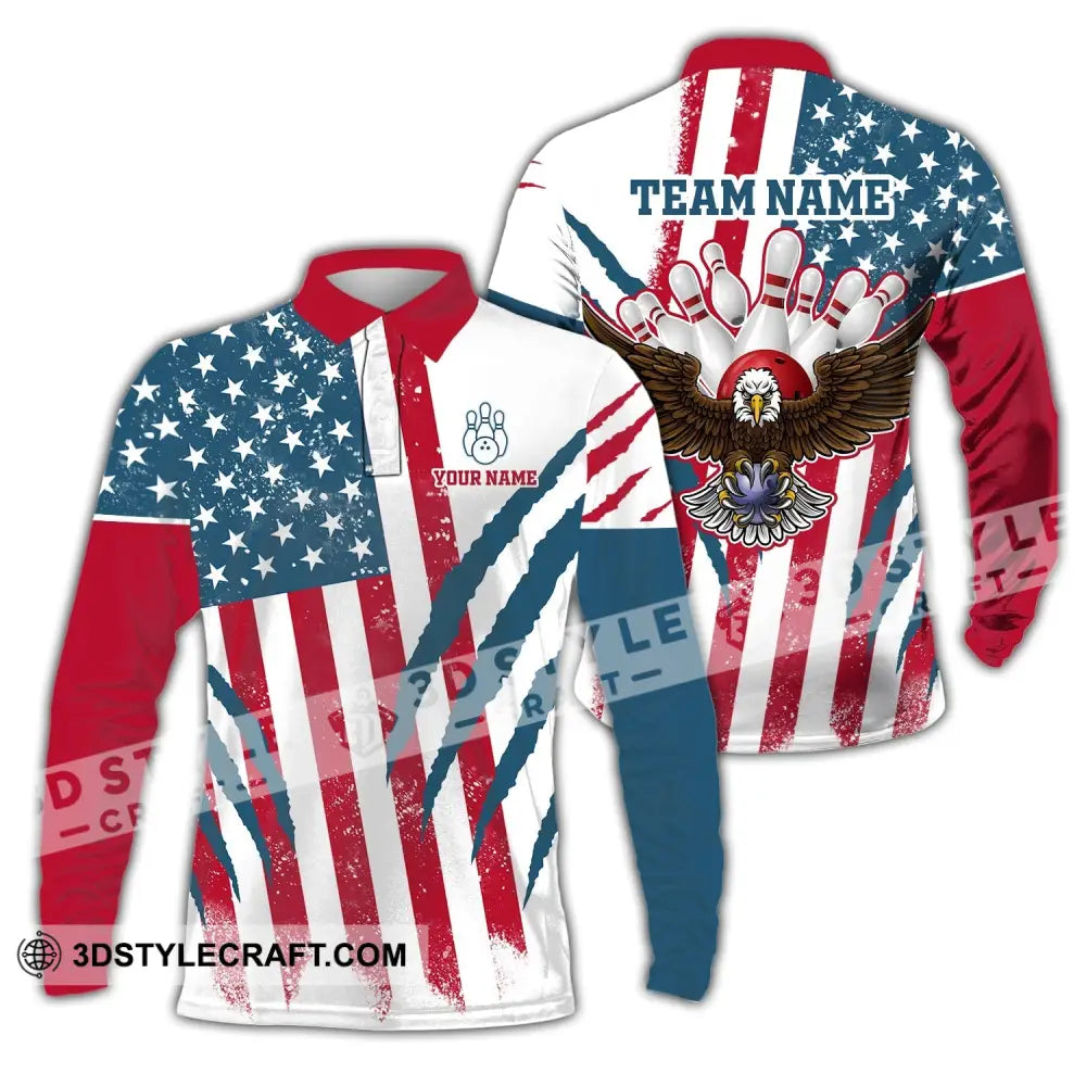 Unisex Shirt Custom Name And Team Bowling Polo America Flag T-Shirt Hoodie Long Sleeve / S