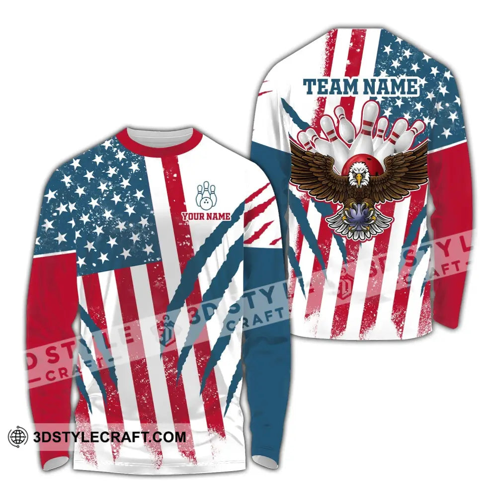 Unisex Shirt Custom Name And Team Bowling Polo America Flag T-Shirt Hoodie Long Sleeve / S