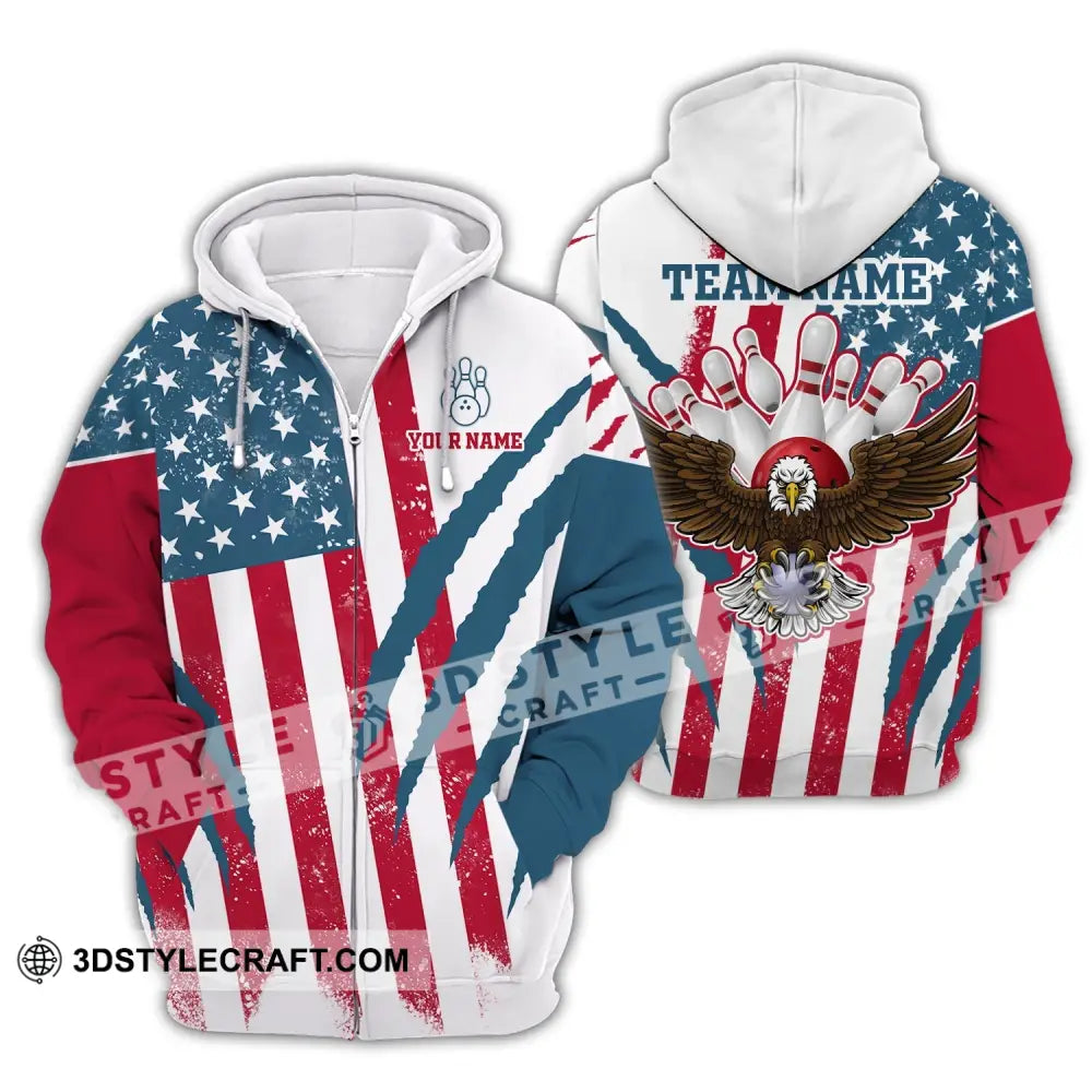 Unisex Shirt Custom Name And Team Bowling Polo America Flag T-Shirt Hoodie Long Sleeve Zipper / S