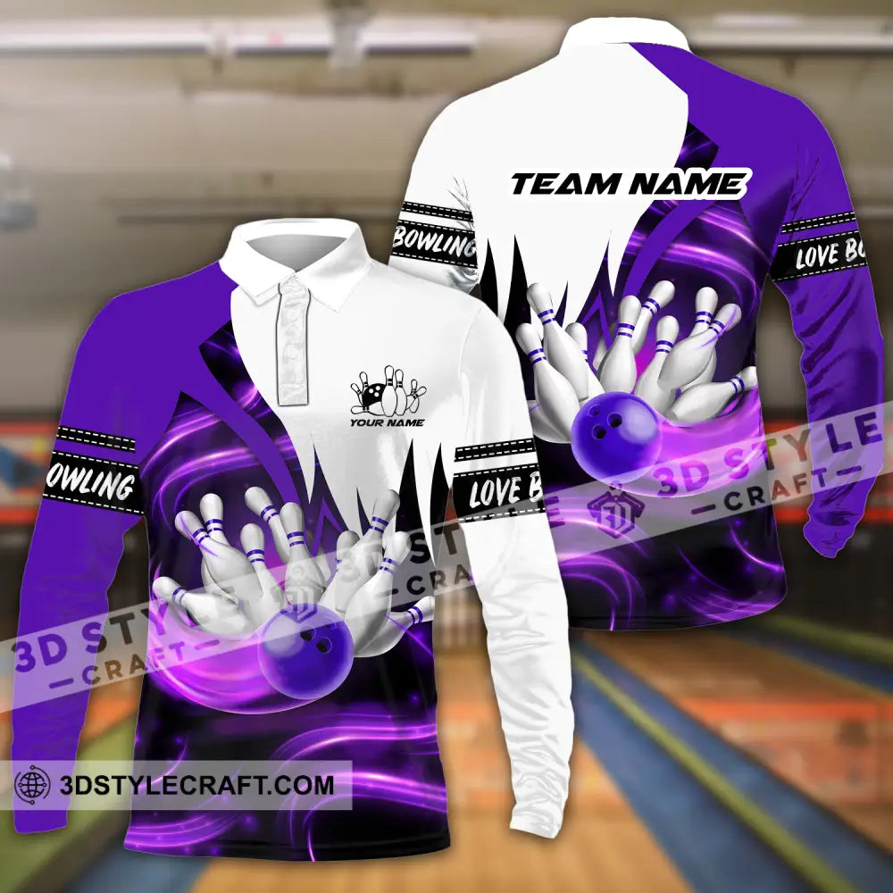 Unisex Shirt - Custom Name And Team Bowling Purple Motifs Long Sleeve Polo / S T-Shirt