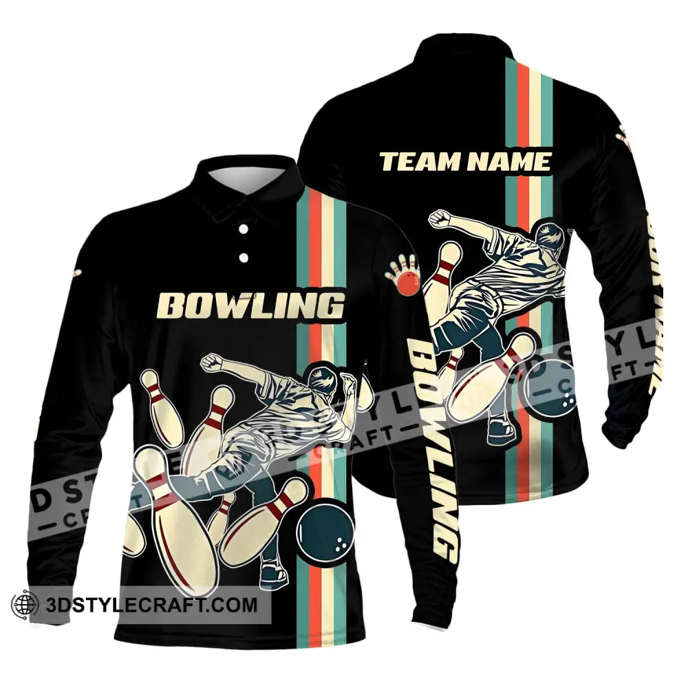 Unisex Shirt - Custom Name And Team Bowling Retro Color Long Sleeve Polo / S T-Shirt