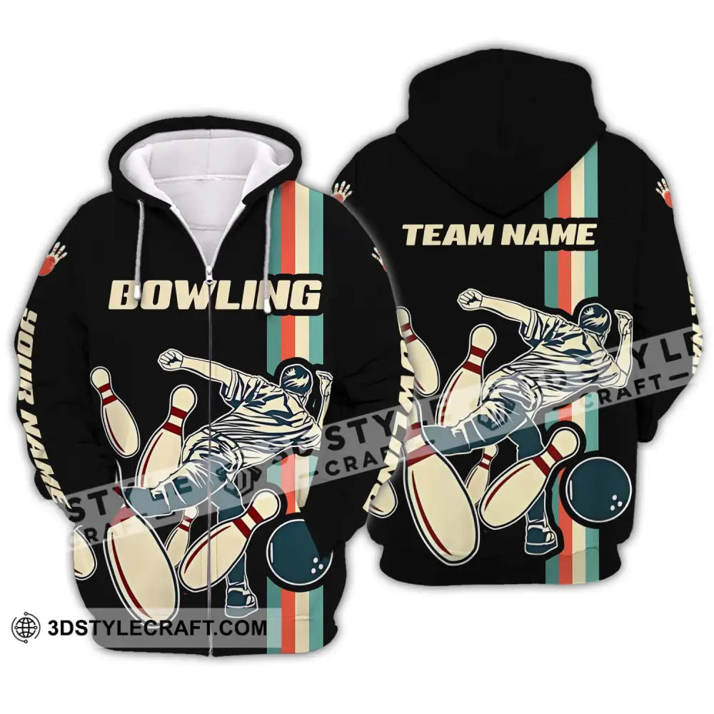 Unisex Shirt - Custom Name And Team Bowling Retro Color Zipper Hoodie / S T-Shirt