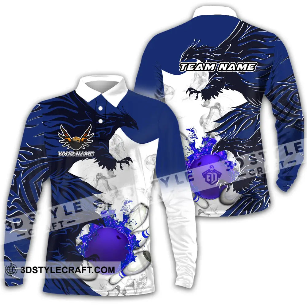 Unisex Shirt - Custom Name And Team Bowling Sport Blue Ball Fly Dragon Long Sleeve Polo / S T-Shirt