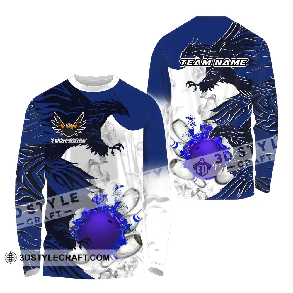 Unisex Shirt - Custom Name And Team Bowling Sport Blue Ball Fly Dragon Long Sleeve / S T-Shirt