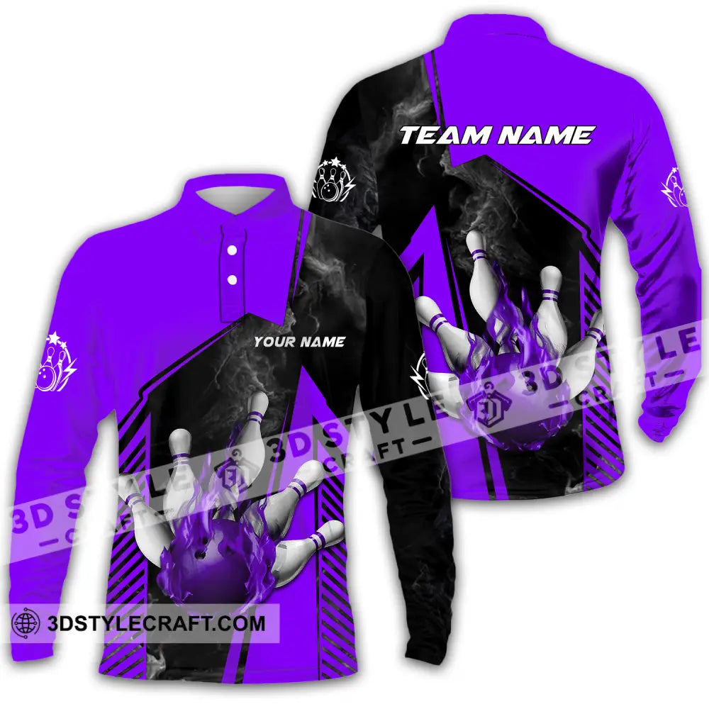 Unisex Shirt - Custom Name And Team Bowling Sport Purple Ball Long Sleeve Polo / S T-Shirt