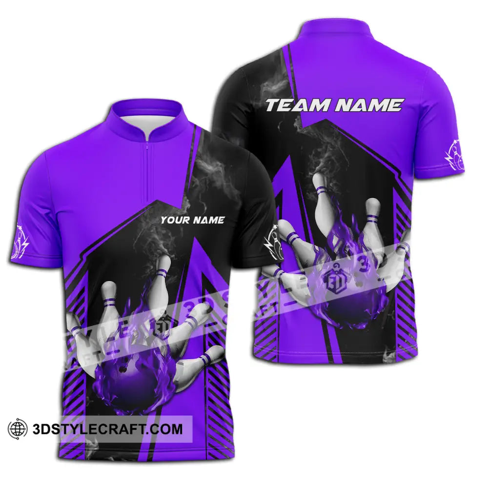 Unisex Shirt - Custom Name And Team Bowling Sport Purple Ball Zipper Polo / S T-Shirt