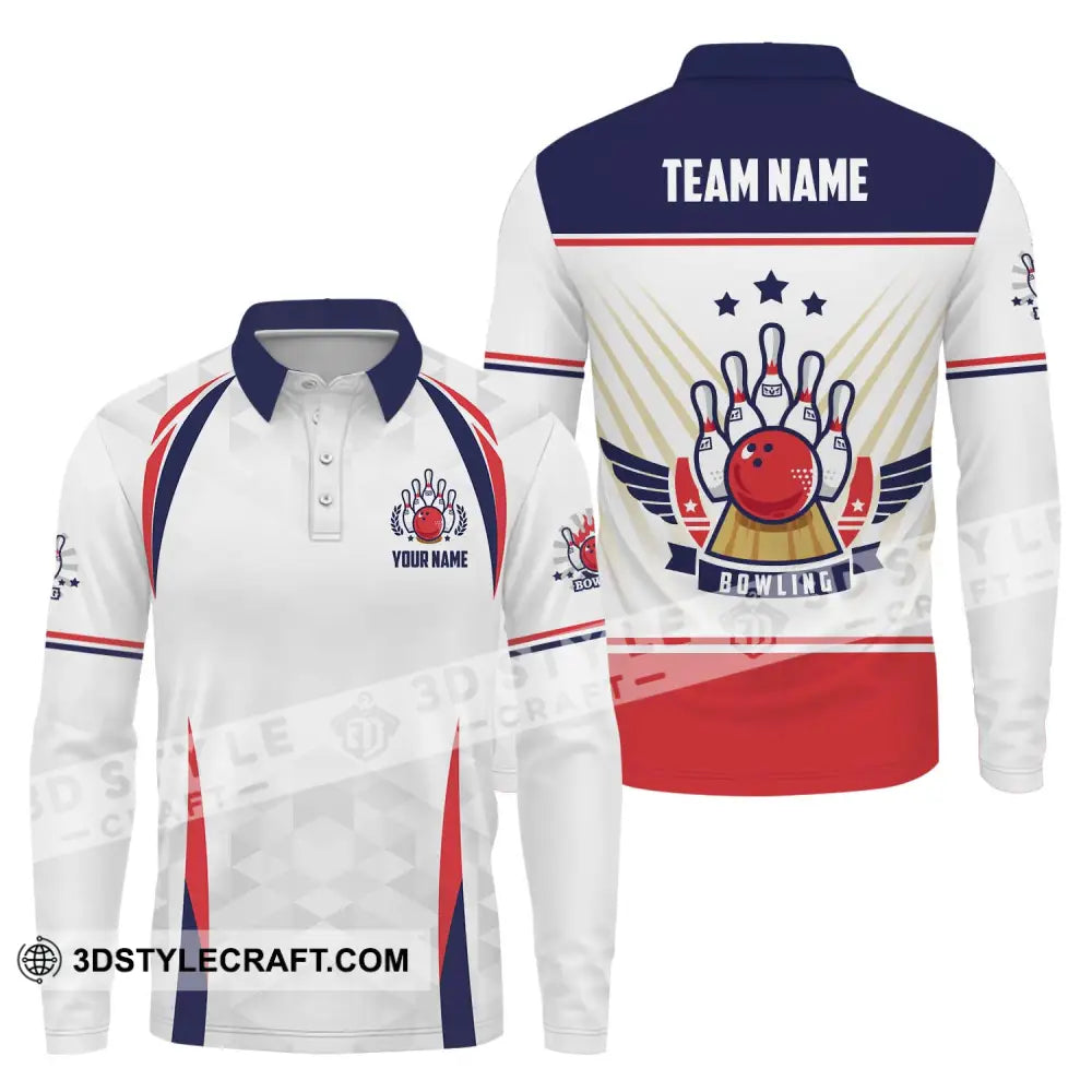 Unisex Shirt - Custom Name And Team Bowling Three Star Ball Long Sleeve Polo / S T-Shirt