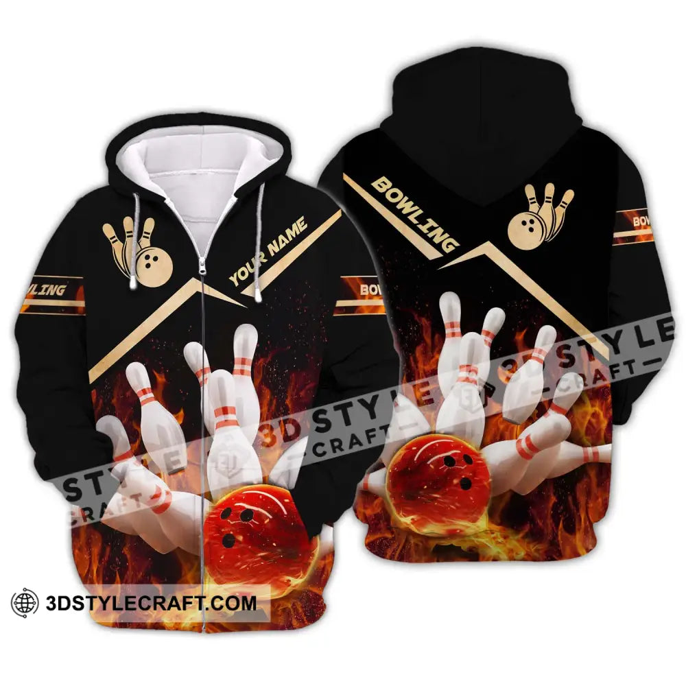 Unisex Shirt - Custom Name And Team Fiery Bowling Zipper Hoodie / S T-Shirt