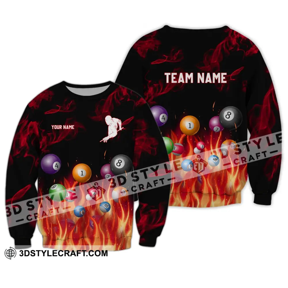 Unisex Shirt - Custom Name And Team Fire Billiard Ball Long Sleeve / S T-Shirt