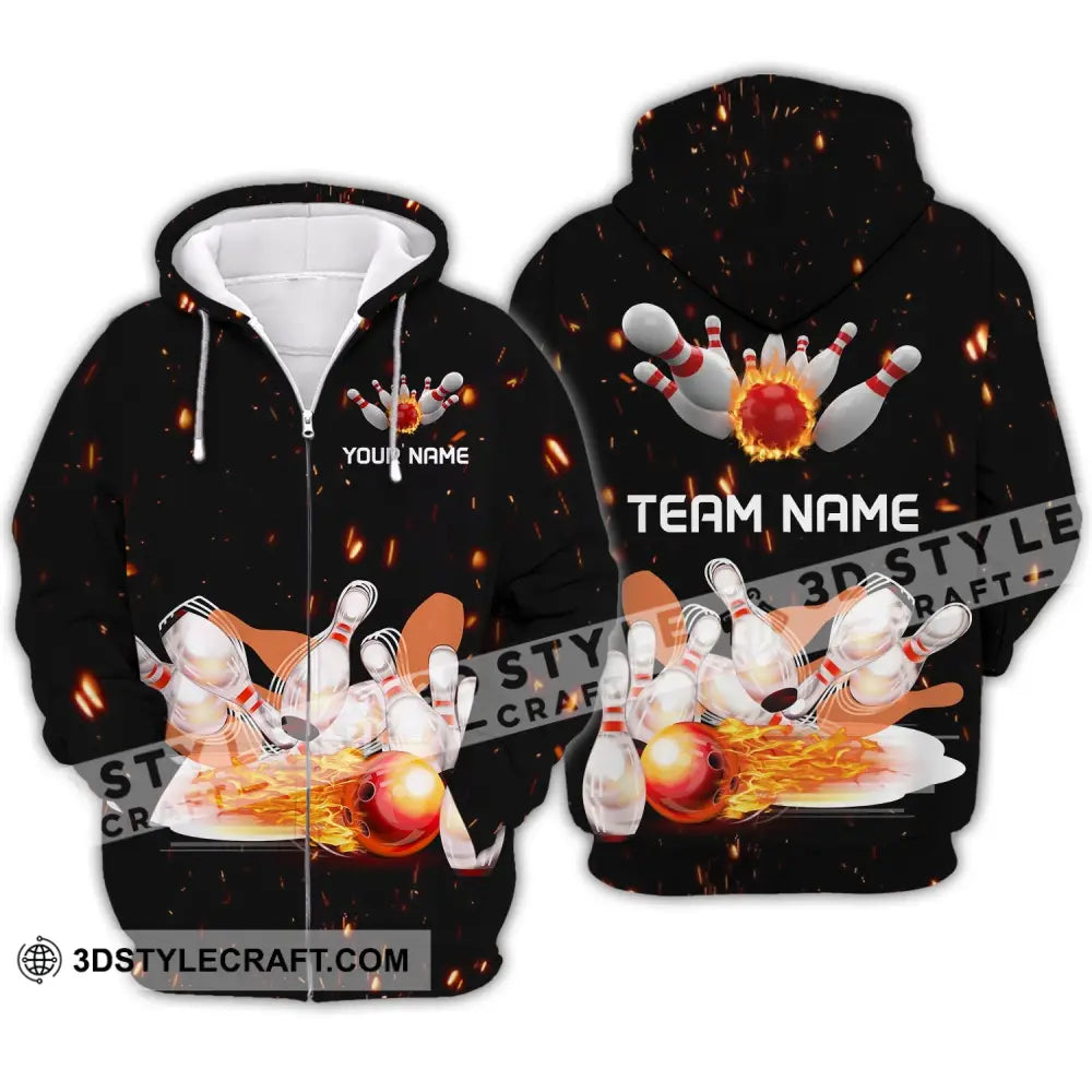 Unisex Shirt - Custom Name And Team Fire Light Bowling Balls Zipper Hoodie / S T-Shirt