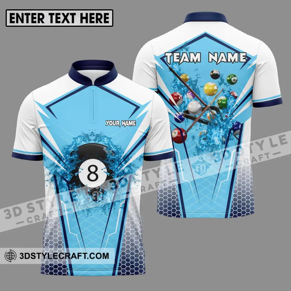 Unisex Shirt - Custom Name And Team For Billiard Lover White Light Blue Zipper Polo / S T-Shirt