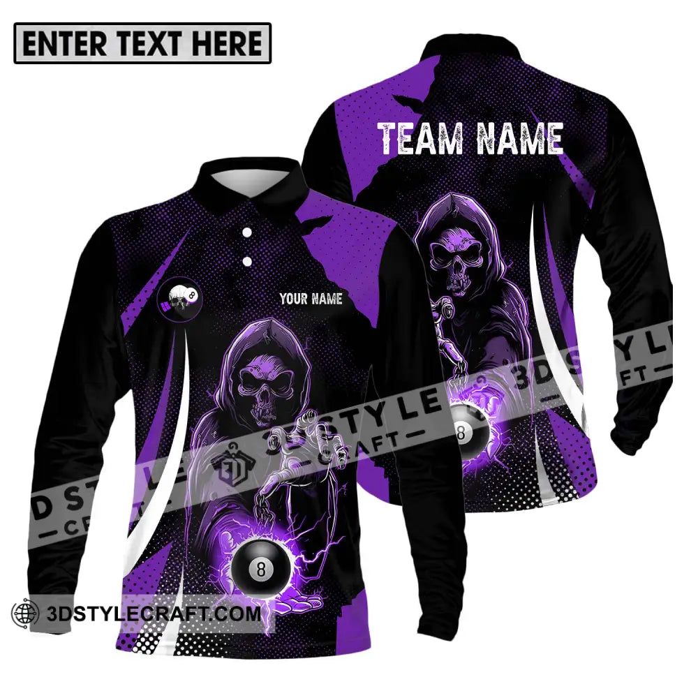 Unisex Shirt - Custom Name And Team Purple Billiard Skull No 8 Long Sleeve Polo / S T-Shirt