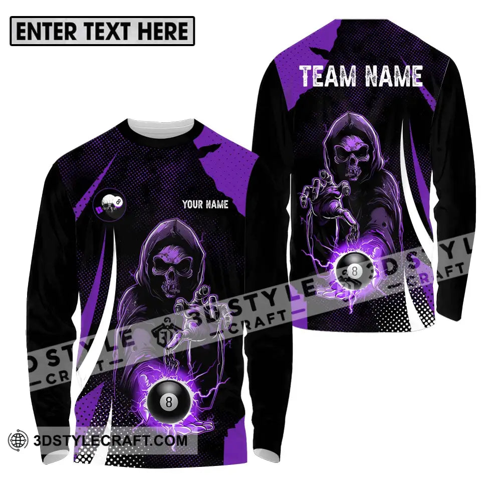 Unisex Shirt - Custom Name And Team Purple Billiard Skull No 8 Long Sleeve / S T-Shirt