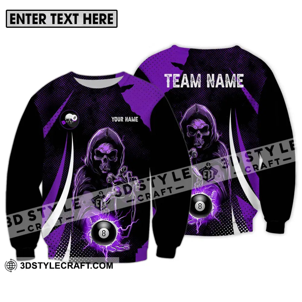 Unisex Shirt - Custom Name And Team Purple Billiard Skull No 8 Long Sleeve / S T-Shirt