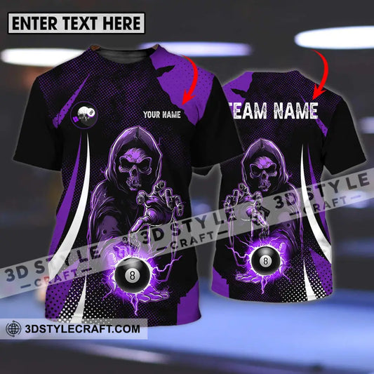 Unisex Shirt - Custom Name And Team Purple Billiard Skull No 8 T-Shirt