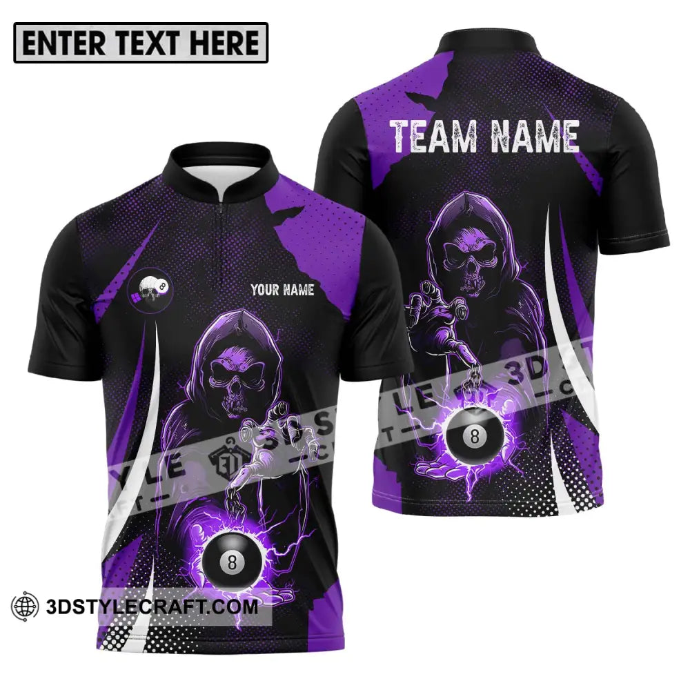 Unisex Shirt - Custom Name And Team Purple Billiard Skull No 8 Zipper Polo / S T-Shirt