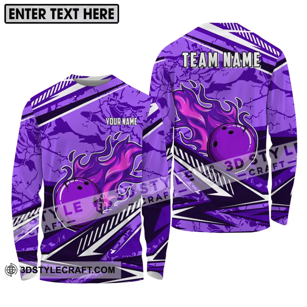 Unisex Shirt - Custom Name And Team Purple Fire Bowling Ball Player Long Sleeve / S T-Shirt