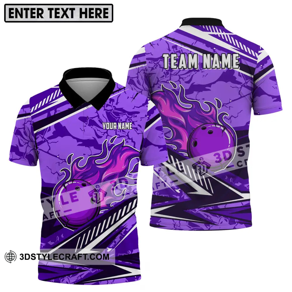 Unisex Shirt - Custom Name And Team Purple Fire Bowling Ball Player Polo / S T-Shirt