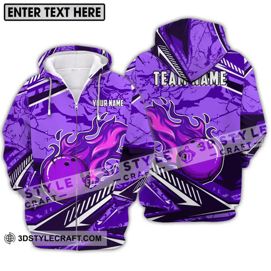 Unisex Shirt - Custom Name And Team Name Shirt, Purple Fire Bowling Ball Player Shirt style option 2