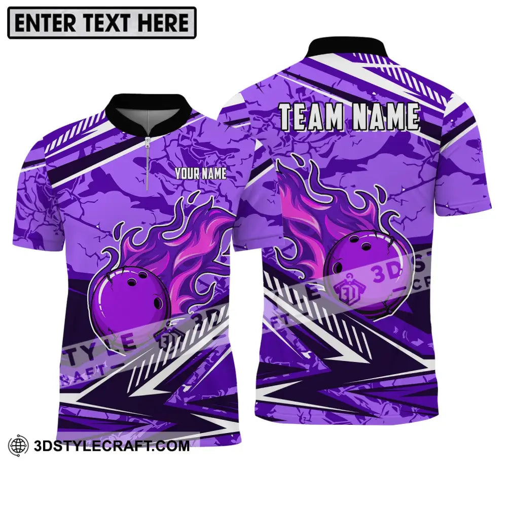 Unisex Shirt - Custom Name And Team Purple Fire Bowling Ball Player Zipper Polo / S T-Shirt