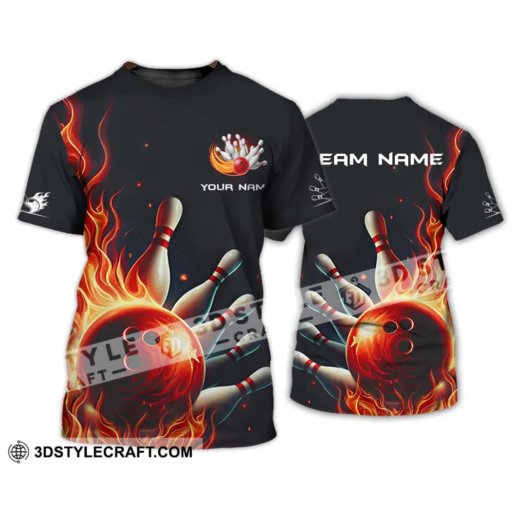 Unisex Shirt - Custom Name And Team Red Fire Bowling Ball Pins T-Shirt / S T-Shirt