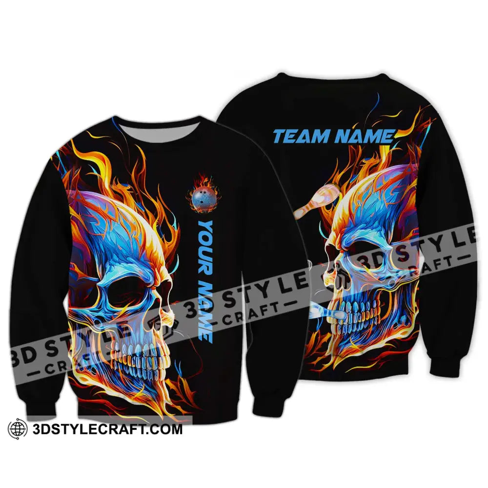 Unisex Shirt - Custom Name And Team Skull Ice Fire Bowling Long Sleeve / S T-Shirt