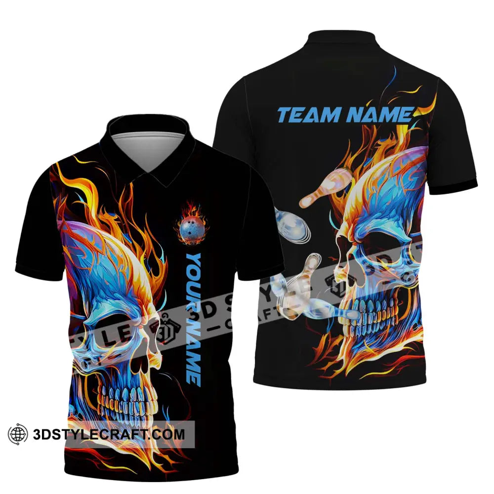 Unisex Shirt - Custom Name And Team Skull Ice Fire Bowling Polo / S T-Shirt