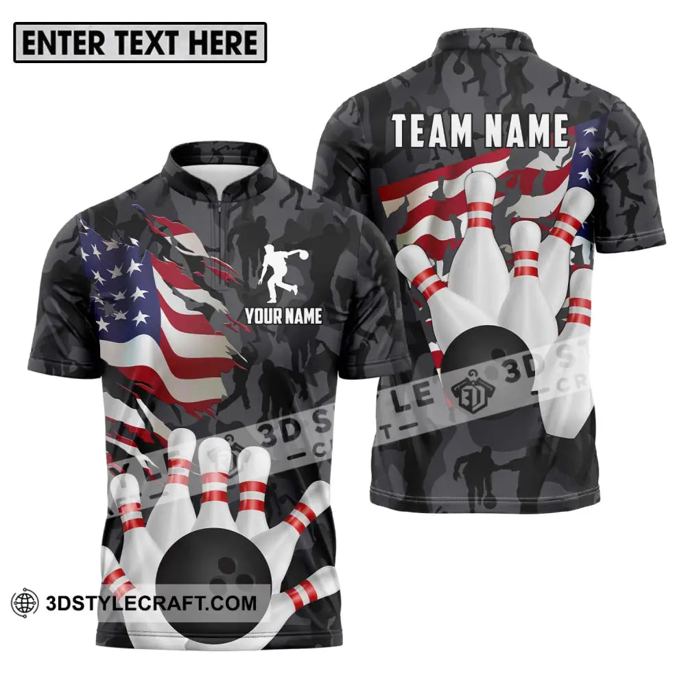 Unisex Shirt - Custom Name And Team Sport America Bowling Player Zipper Polo / S T-Shirt