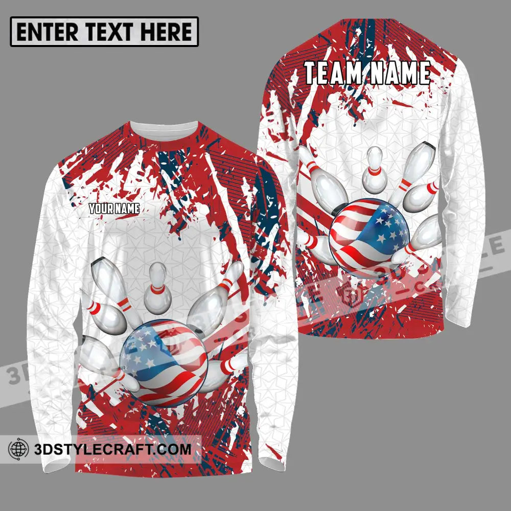 Unisex Shirt - Custom Name And Team Sport America Flag Color Bowling Ball Long Sleeve / S T-Shirt