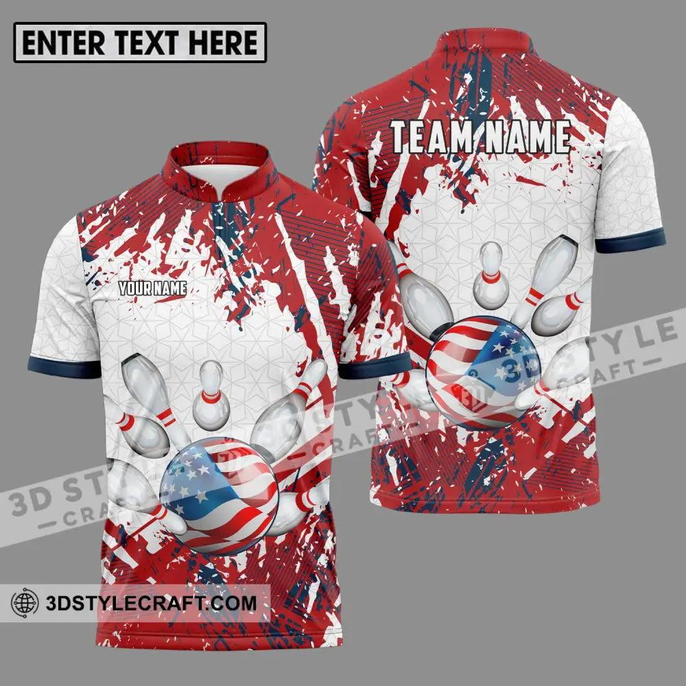 Unisex Shirt - Custom Name And Team Sport America Flag Color Bowling Ball Zipper Polo / S T-Shirt