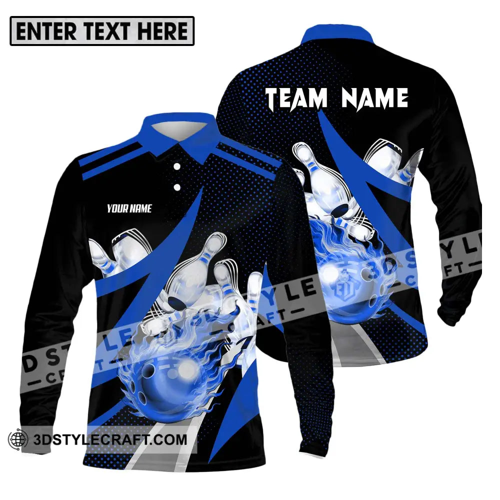 Unisex Shirt - Custom Name And Team Sport Bowling Blue Ball Long Sleeve Polo / S T-Shirt