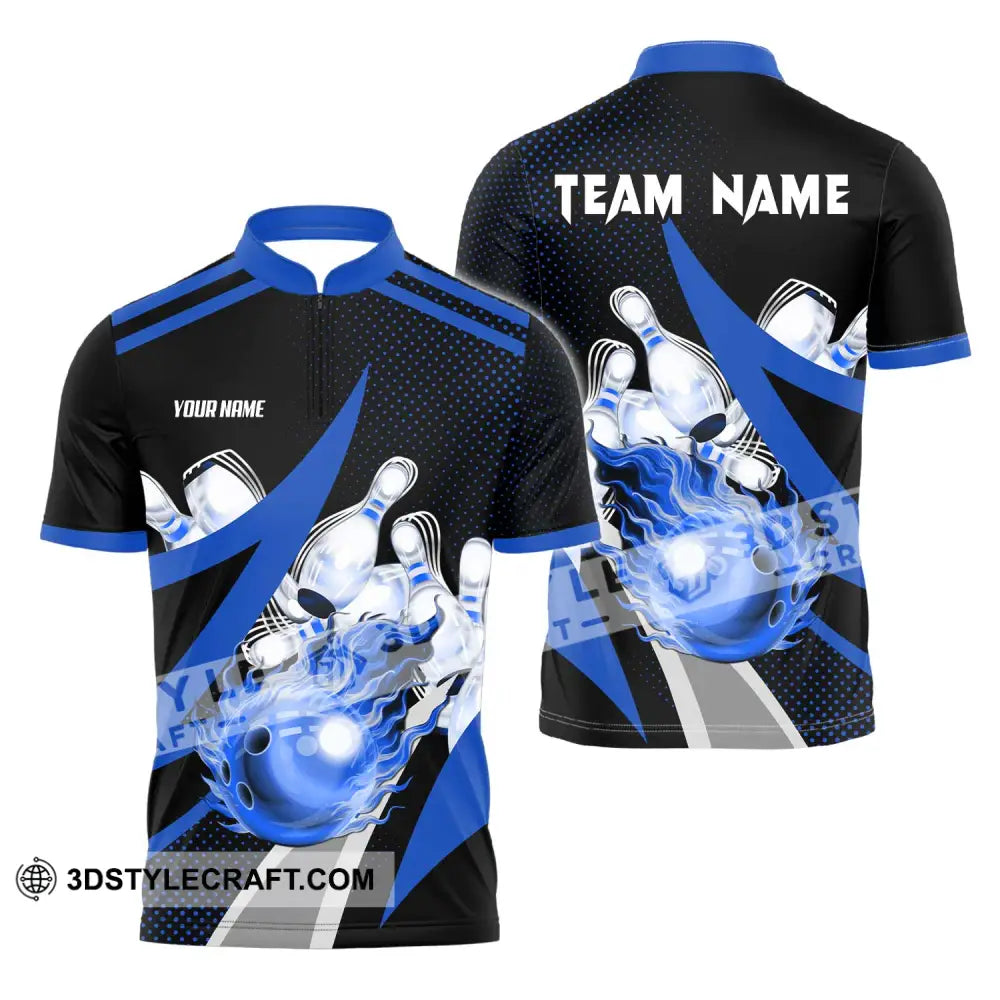 Unisex Shirt - Custom Name And Team Sport Bowling Blue Ball Zipper Polo / S T-Shirt