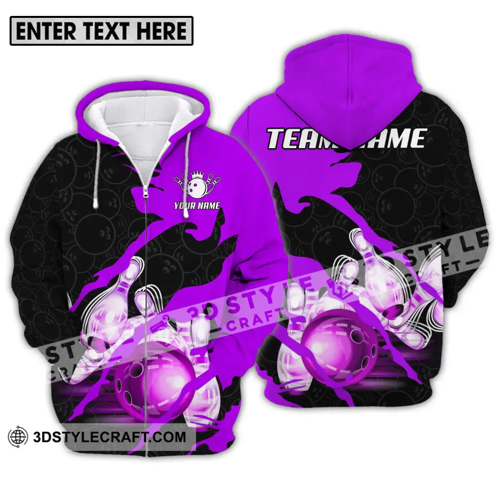 Unisex Shirt - Custom Name And Team Sport Bowling Purple Ball Zipper Hoodie / S T-Shirt