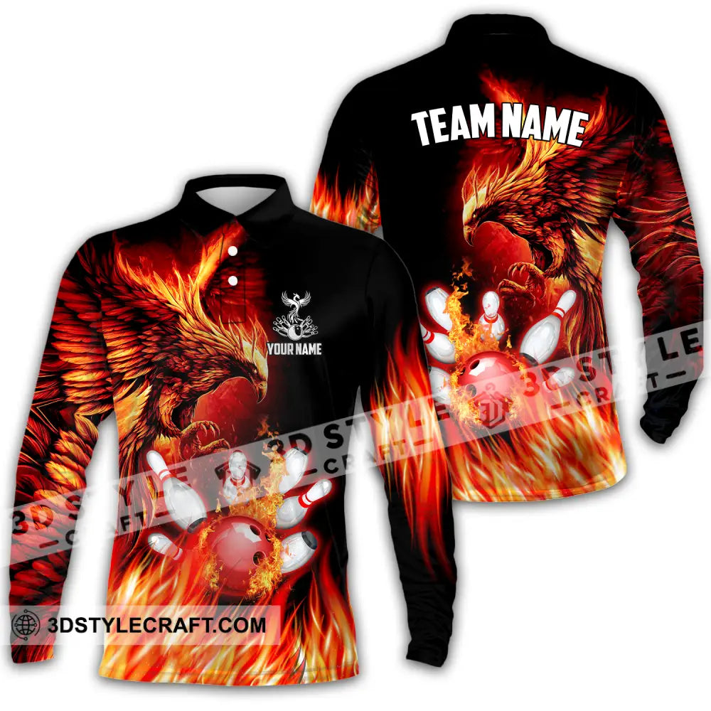 Unisex Shirt - Custom Name And Team Sport Fire Eagle Bowling Long Sleeve Polo / S T-Shirt