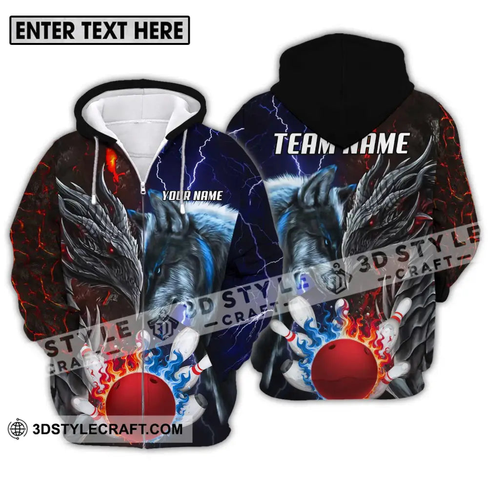 Unisex Shirt - Custom Name And Team Sport Fire Ice Bowling King Zipper Hoodie / S T-Shirt