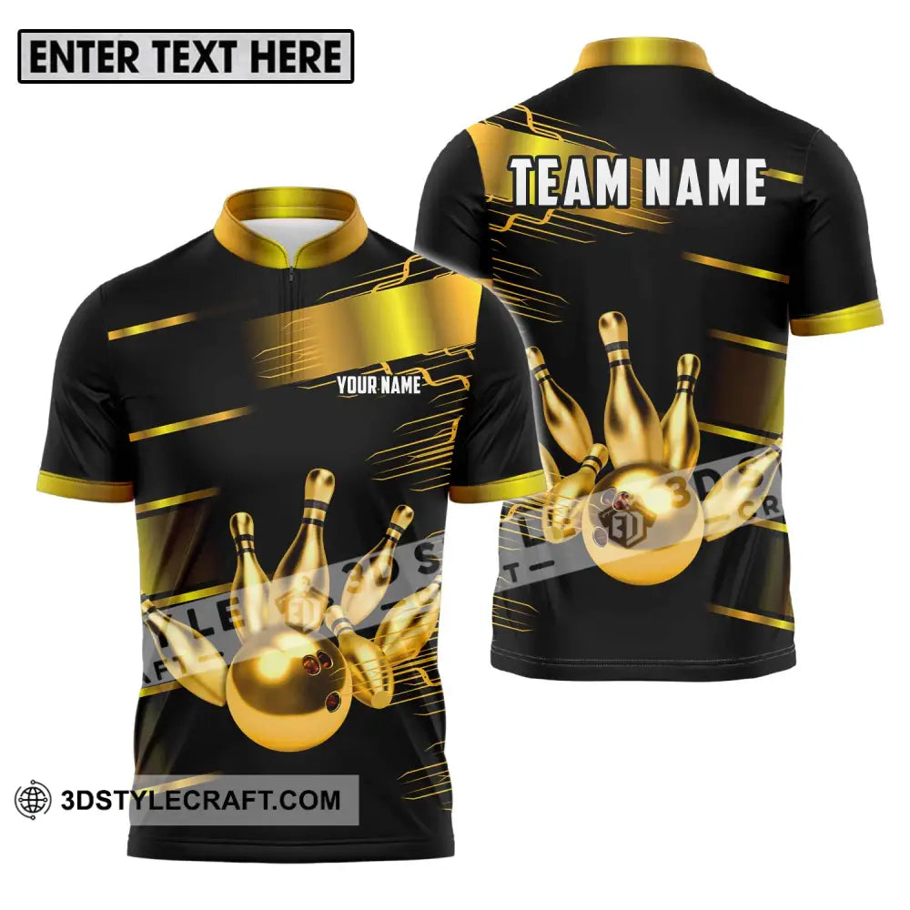 Unisex Shirt - Custom Name And Team Sport Gold Bowling Ball Pins Zipper Polo / S T-Shirt